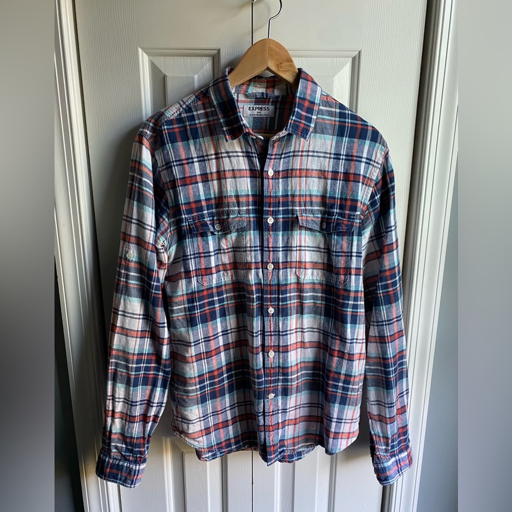 Express Mens Plaid Linen Blend Roll Tab Long Sleeve Button Up Shirt Size Medium